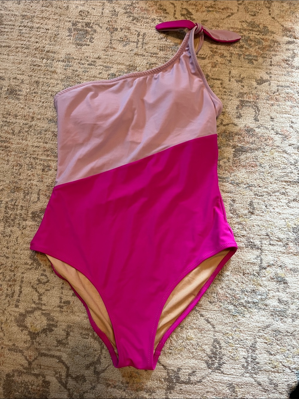 Old Navy Women’s One-Shoulder Colorblock Swimsuit in Light Pink and Fuchsia